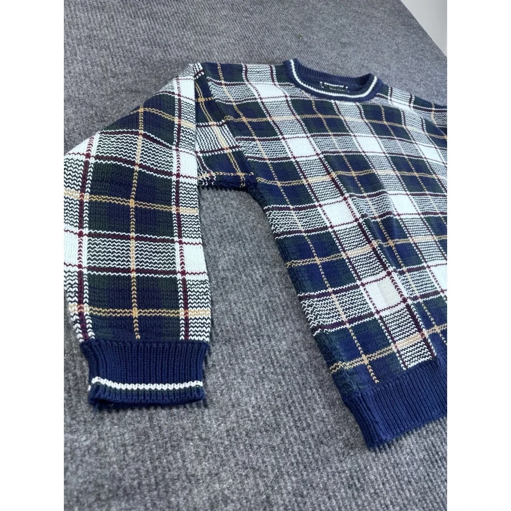 Vintage Hunt Club XL Blue Plaid Cotton Tight-Knit Crew‎ Neck Long Sleeve Sweater